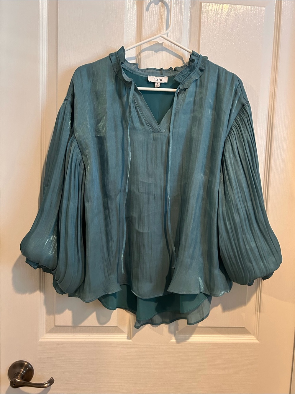 Fate Teal Ruffle V-Neck Pleated Bishop Sleeve Blouse